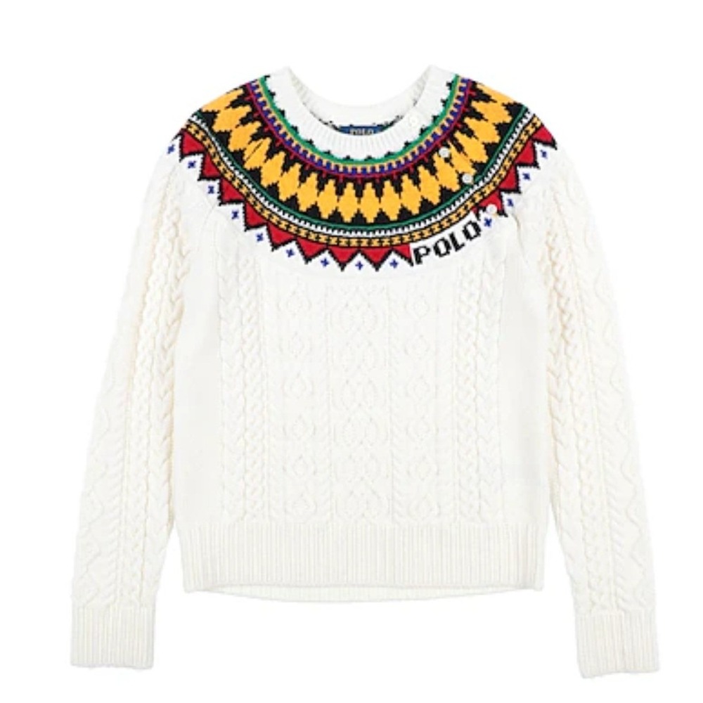 Polo Ralph Lauren Girls Fair Isle Aran Knit Sweater Cream Colorful M 8-10‎ $185